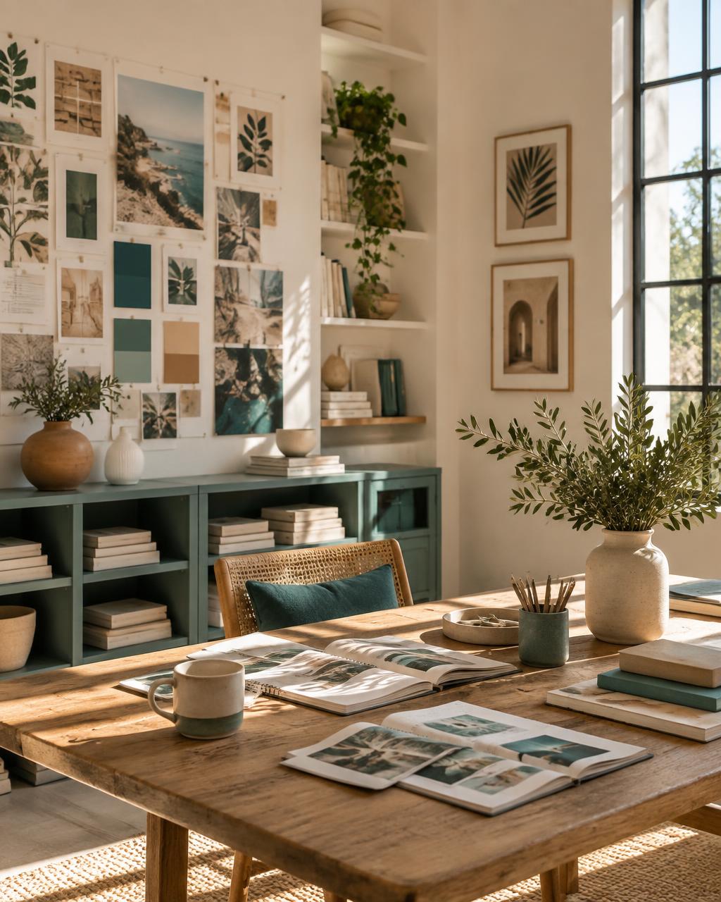 Noble Haven studio workspace with mood boards and brand references